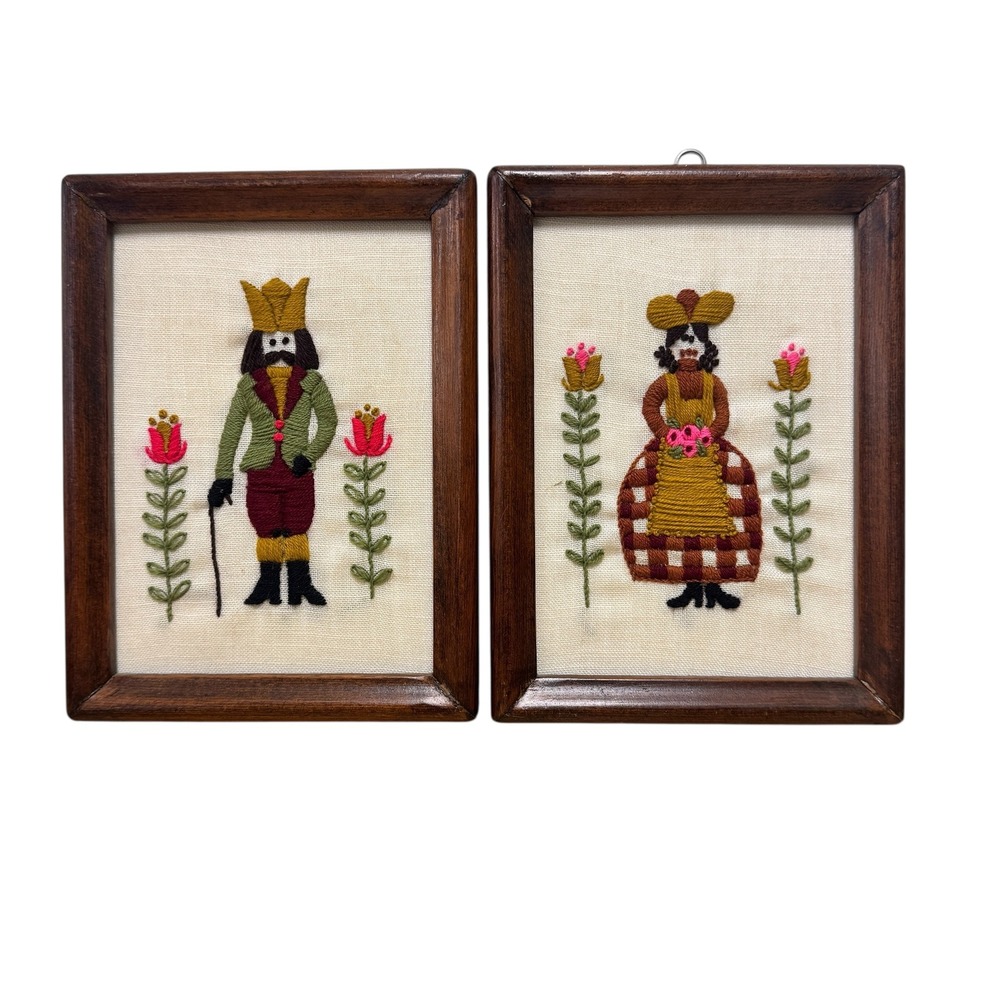 Vintage Hand Embroidered Crewel Folk Art King & Queen Wood Framed Set of 2